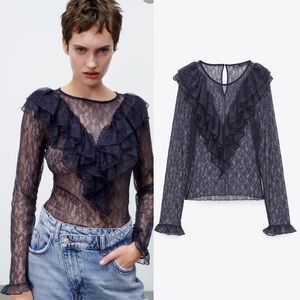 NWT Zara Ruffled Lace Top Navy Blue SMALL